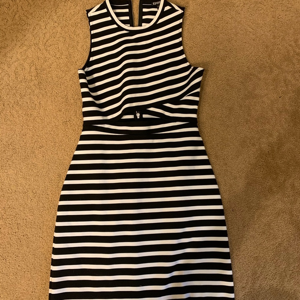 Black and white striped dress. Form fitting